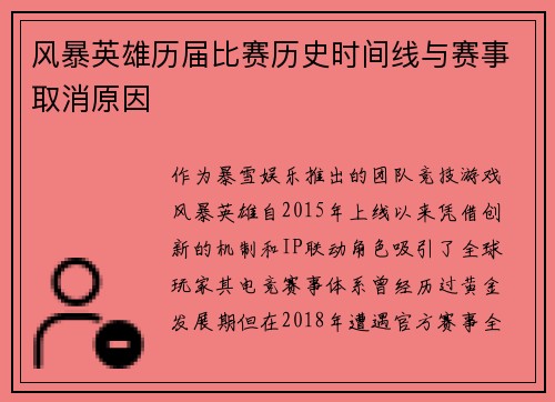风暴英雄历届比赛历史时间线与赛事取消原因